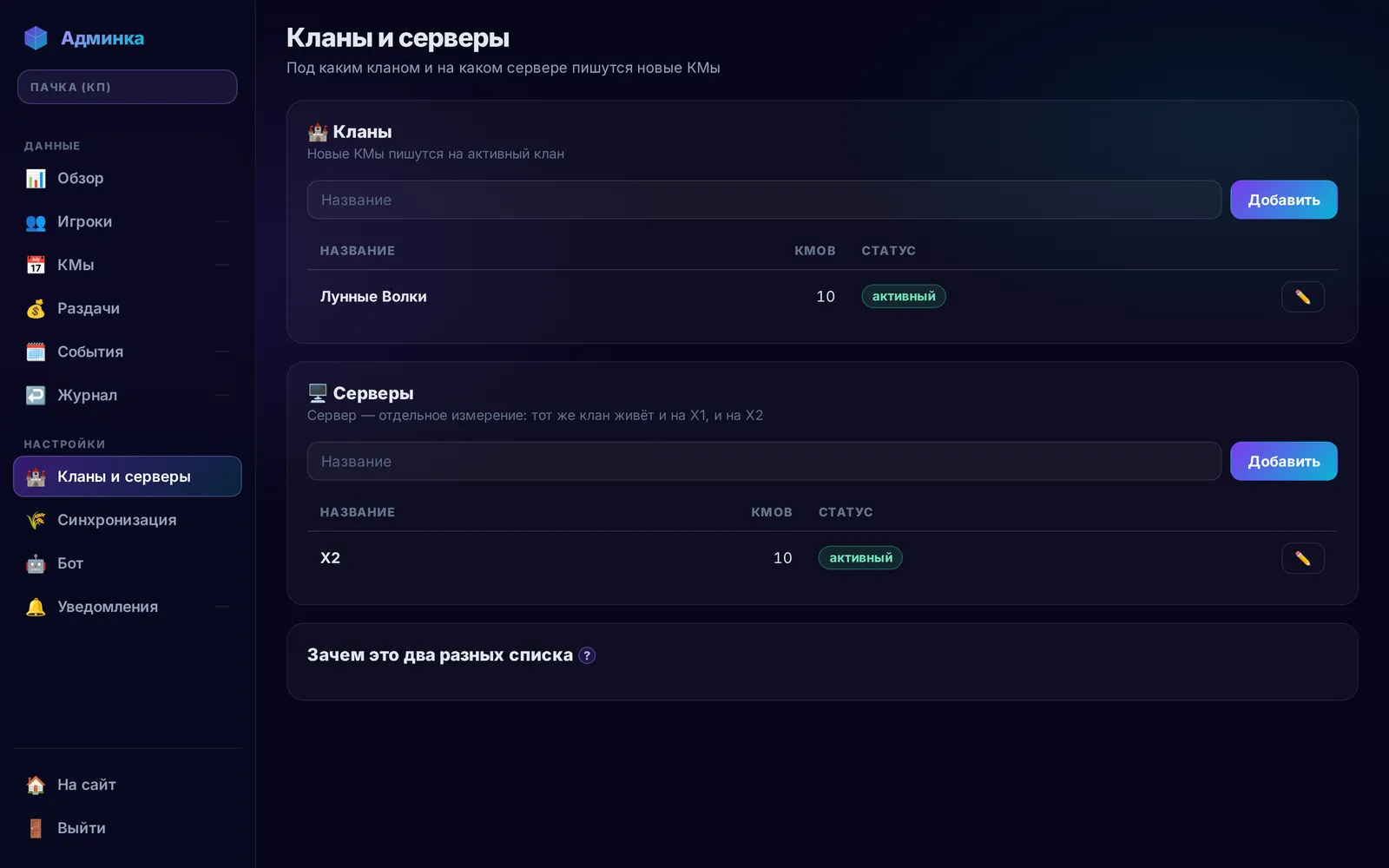 Админка: кланы и серверы